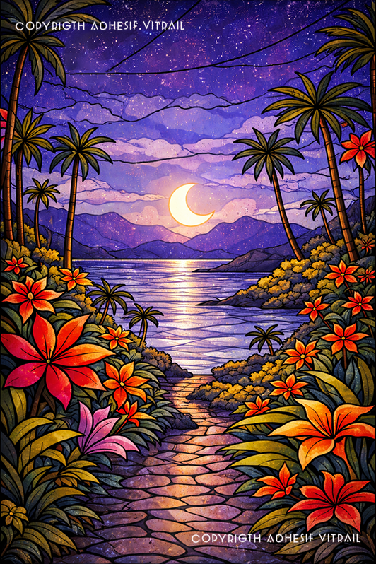 Adhésif vitrail montrant un chemin fleuri menant à un lagon tropical sous un ciel nocturne et la lune
