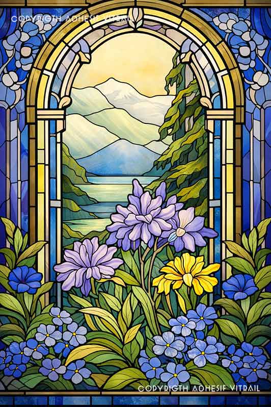 Film adhésif décoratif autocollant d’inspiration vitrail représentant une fenêtre en arche avec paysage de montagnes et lac, encadrée de fleurs bleues et violettes, décor nature pour vitrage.