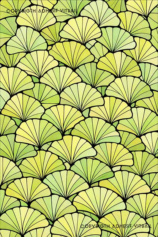 Film adhésif décoratif autocollant d’inspiration vitrail à motif de feuilles éventail vert tendre et vert anis, composition graphique répétée, idéal pour fenêtre.