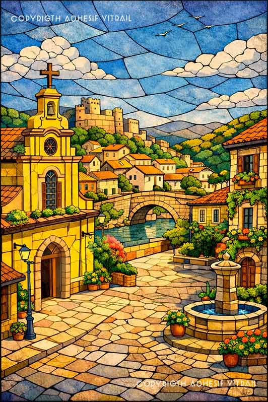 Film adhésif décoratif autocollant d’inspiration vitrail représentant un village avec église, pont en pierre et château, décor européen pour vitrage.
