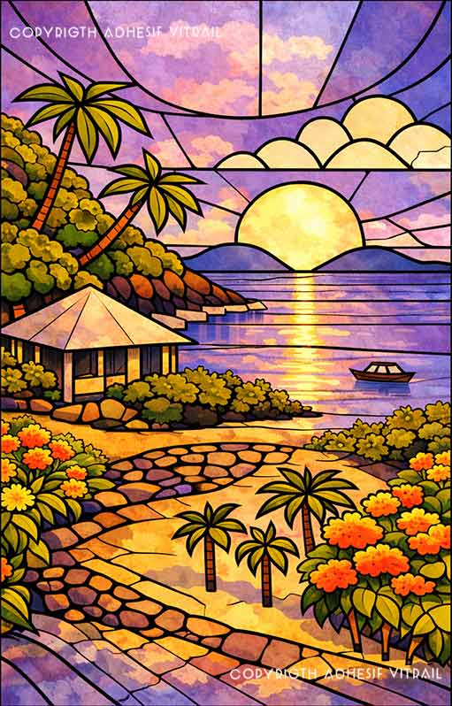 Adhésif vitrail décoratif représentant un carbet face à un îlet tropical des Caraïbes, ambiance lune violette, décoration tropicale pour fenêtre.