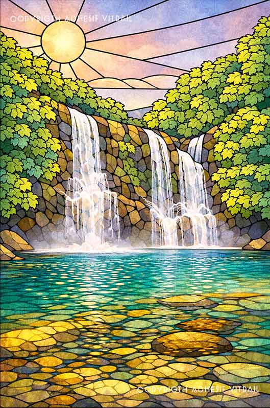 Adhésif vitrail décoratif représentant une cascade tropicale des Caraïbes, ambiance lune violette, décoration tropicale et apaisante pour fenêtre.