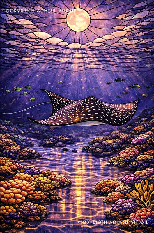 Adhésif vitrail décoratif représentant une raie manta dans les fonds marins tropicaux des Caraïbes, ambiance lune violette, décoration marine et apaisante pour fenêtre.