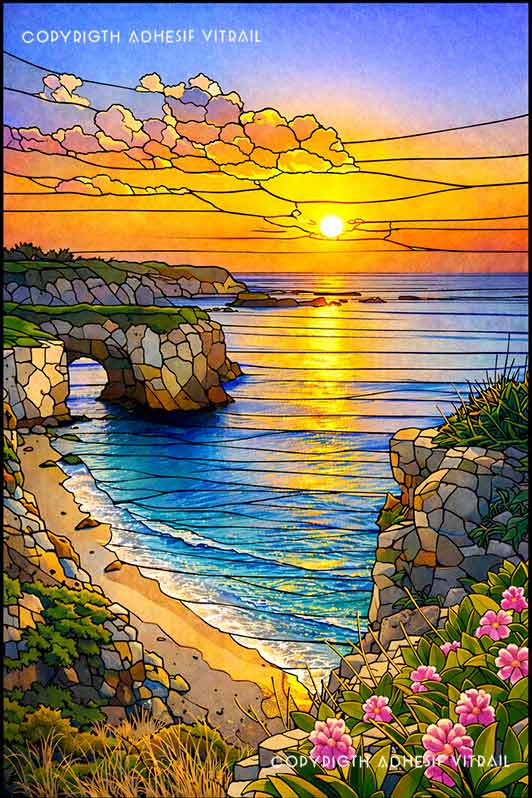 Film adhésif décoratif autocollant d’inspiration vitrail représentant une crique au coucher du soleil avec mer calme et falaises rocheuses.