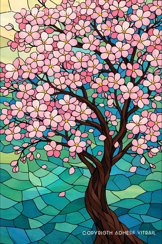 Film adhésif décoratif autocollant d’inspiration vitrail traditionnel à arbre aux fleurs roses abondantes, idéal pour fenêtre.