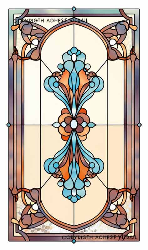 Adhésif vitrail pour fenêtre avec arche décorative style Art Nouveau et motif floral central, tons bleu et orangé, film vitrail décoratif pour intérieur lumineux.