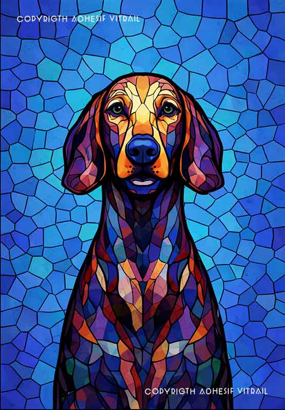 Film adhésif décoratif autocollant d’inspiration vitrail représentant un chien braque en portrait artistique, idéal pour fenêtre et diffusion lumineuse décorative.