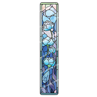 Film adhésif décoratif autocollant d’inspiration vitrail représentant un panneau floral vertical avec fleurs bleues stylisées, tiges élancées et fond lumineux aux nuances bleutées et pastel.