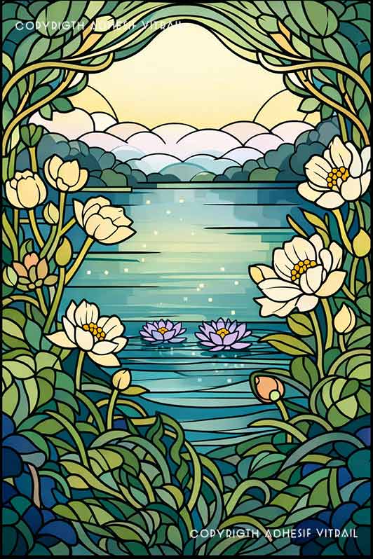 Film adhésif décoratif autocollant d’inspiration vitrail représentant des fleurs de lotus blanches et violettes sur un lac entouré de feuillage avec ciel au coucher du soleil.