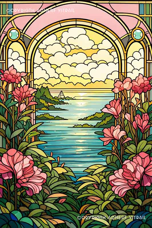 Film adhésif décoratif autocollant d’inspiration vitrail représentant une vue sur la mer avec îlots et voilier, encadrée par des fleurs roses et du feuillage sous un ciel lumineux.
