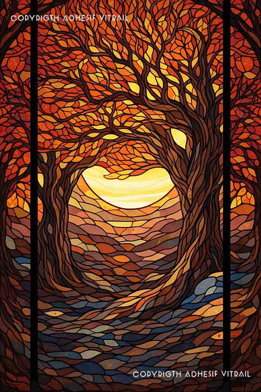 Film adhésif décoratif autocollant d’inspiration vitrail forêt d’automne avec arbres entrelacés et coucher de soleil lumineux.