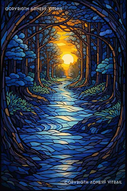 Film adhésif décoratif autocollant d’inspiration vitrail forêt bleutée avec rivière sinueuse et lumière dorée au coucher du soleil.