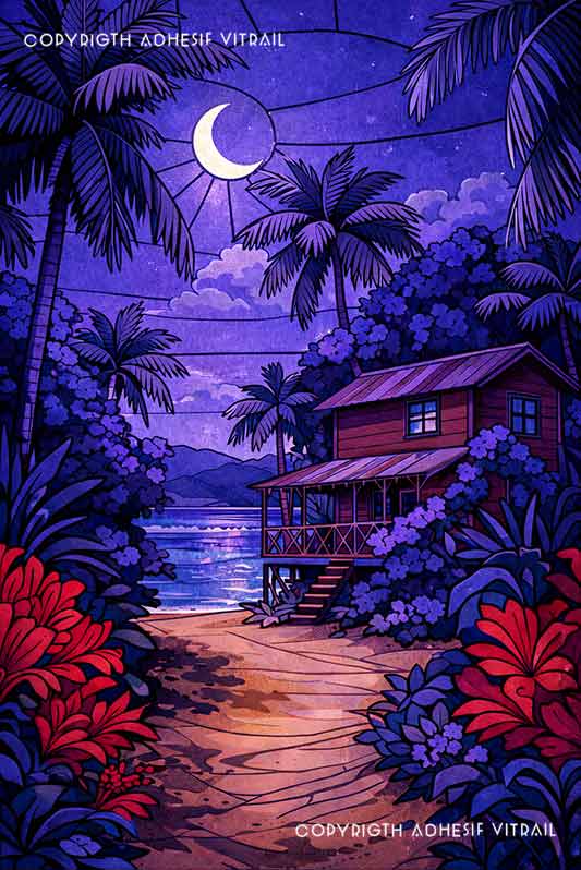 Vitrail autocollant lodge tropical la nuit, palmiers et ambiance Caraïbes
