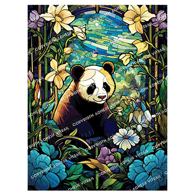 Adhésif vitrail autocollant panda dans un décor végétal, décoration vitrail colorée pour vitrage