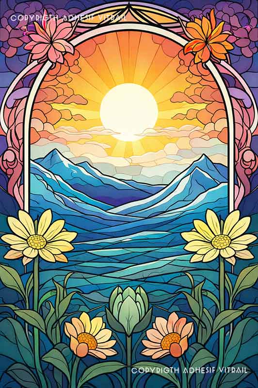 Film adhésif décoratif autocollant d’inspiration vitrail paysage montagne au soleil avec fleurs
