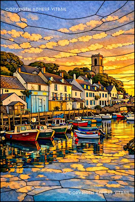 Film adhésif décoratif autocollant d’inspiration vitrail représentant un port avec bateaux colorés et maisons de pêcheurs au coucher du soleil.