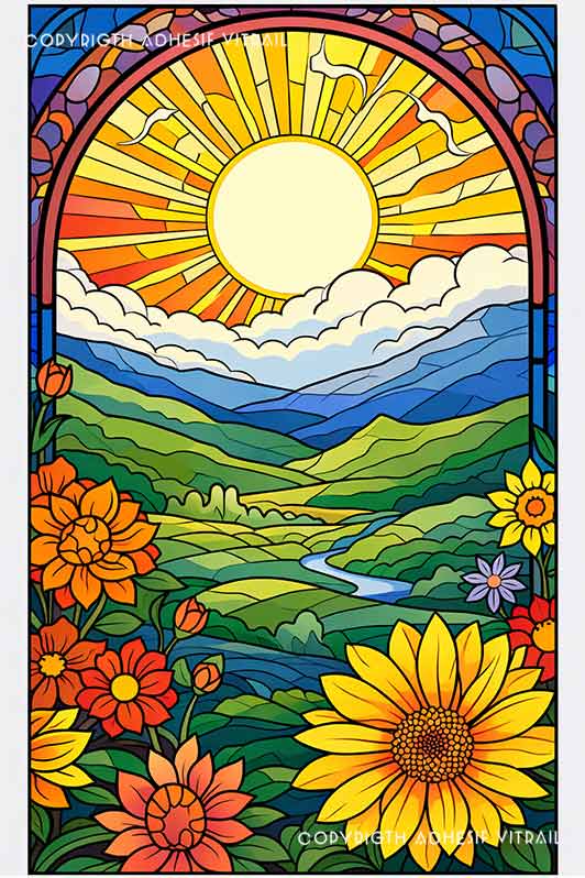 Film adhésif décoratif autocollant d’inspiration vitrail paysage soleil sur montagnes et fleurs colorées pour fenêtre.