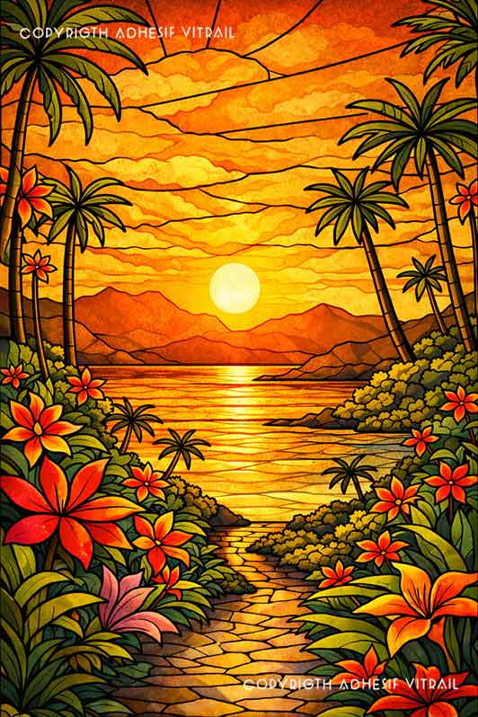 Adhésif vitrail montrant un chemin tropical bordé de fleurs avec mer et soleil couchant