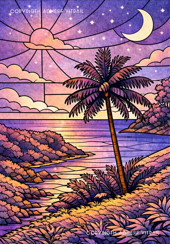 Paysage tropical artistique en vitrail avec palmiers et ciel violet au crépuscule