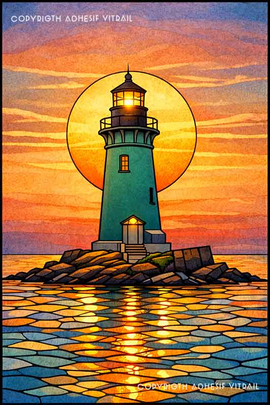 Film adhésif décoratif autocollant d’inspiration vitrail représentant un phare isolé face à l’horizon marin, avec grand soleil lumineux en arrière-plan et ambiance graphique épurée.