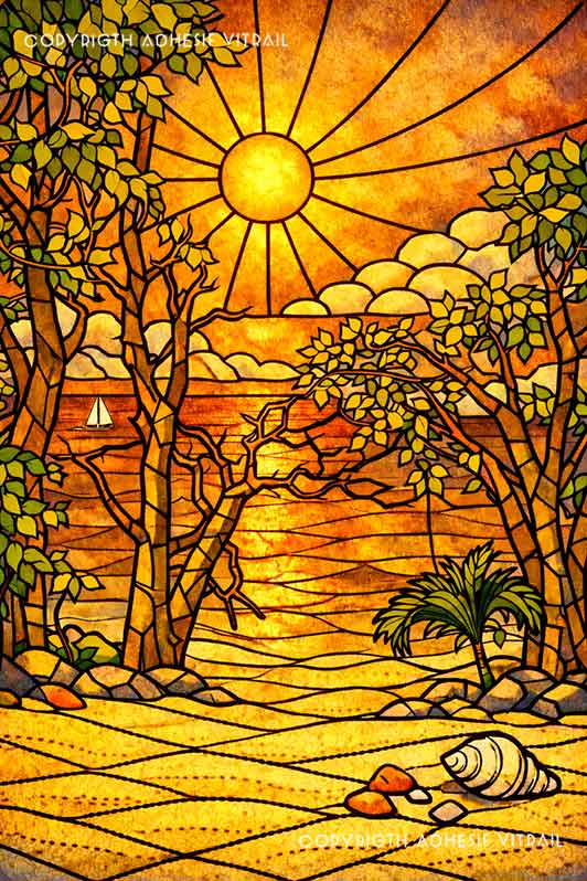 Illustration style vitrail d’une plage sauvage avec mancenillier au coucher de soleil, sable doré et mer calme, dans des tons chauds orangés.