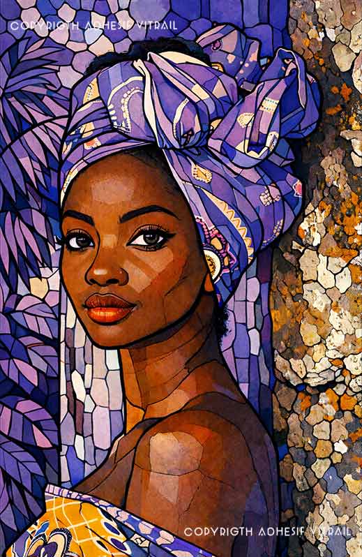 Portrait féminin artistique en vitrail aux tons violets dans une ambiance tropicale douce