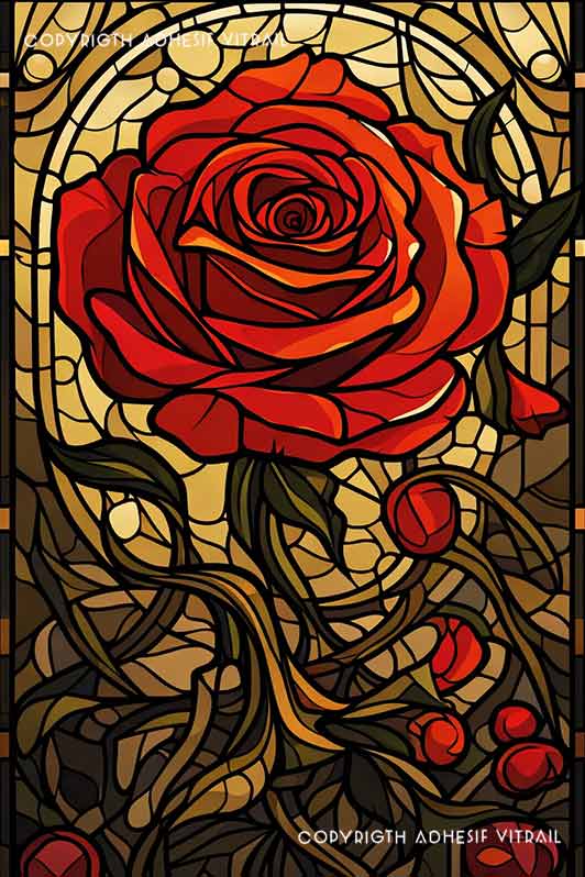 Film adhésif décoratif autocollant d’inspiration vitrail représentant une grande rose rouge centrale de style art nouveau, entourée de feuillages et de boutons floraux sur fond doré lumineux.