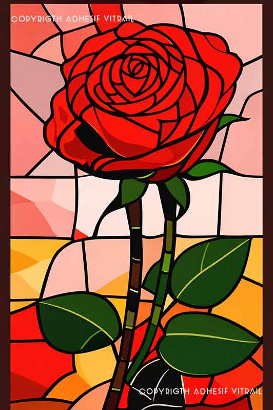 Film adhésif décoratif autocollant d’inspiration vitrail représentant une rose rouge solitaire à tige double avec feuilles vert foncé, sur fond abstrait aux formes géométriques lumineuses.
