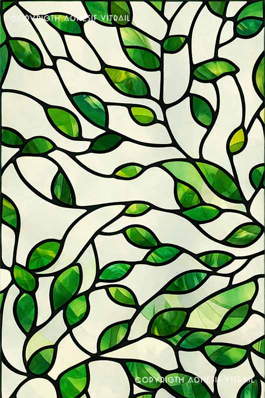 Film adhésif décoratif autocollant d’inspiration vitrail traditionnel à feuillage et branches vertes, idéal pour fenêtre ou surface vitrée.