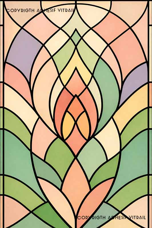 Film adhésif décoratif autocollant d’inspiration vitrail traditionnel à motifs géométriques en pétales colorés, idéal pour surface vitrée, ambiance douce.