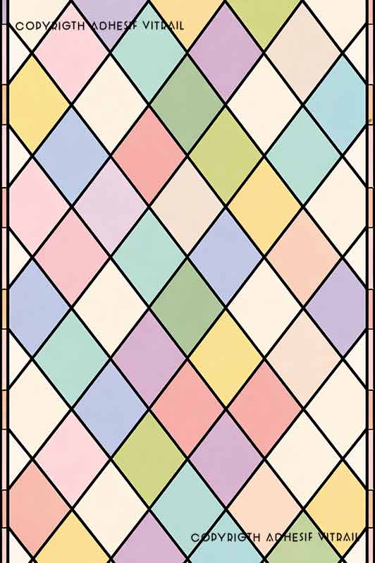 Film adhésif décoratif autocollant d’inspiration vitrail traditionnel à losanges géométriques pastel, idéal pour fenêtre ou surface vitrée.