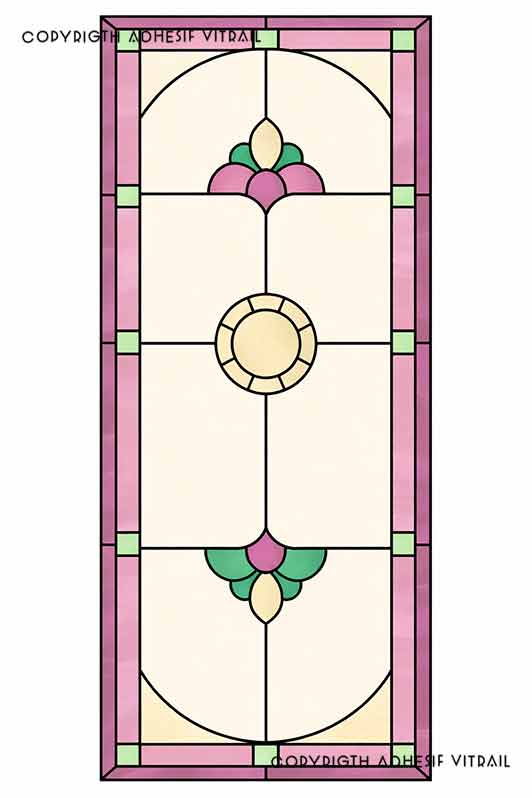 Film adhésif décoratif autocollant d’inspiration vitrail traditionnel géométrique avec médaillon central, idéal pour fenêtre ou paroi de douche.