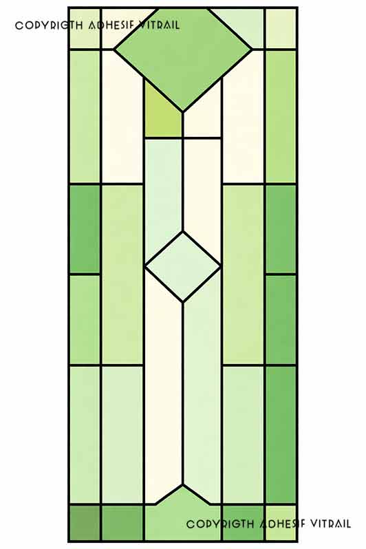 Film adhésif décoratif autocollant d’inspiration vitrail traditionnel à panneau géométrique vertical vert clair, idéal pour fenêtre.