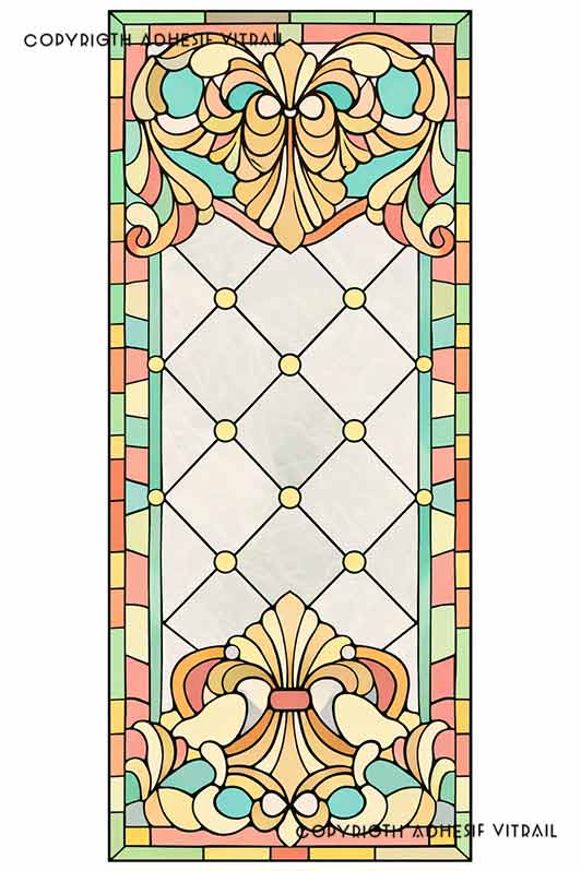 Film adhésif décoratif autocollant d’inspiration vitrail traditionnel à panneau ornemental pastel, idéal pour fenêtre ou surface vitrée.