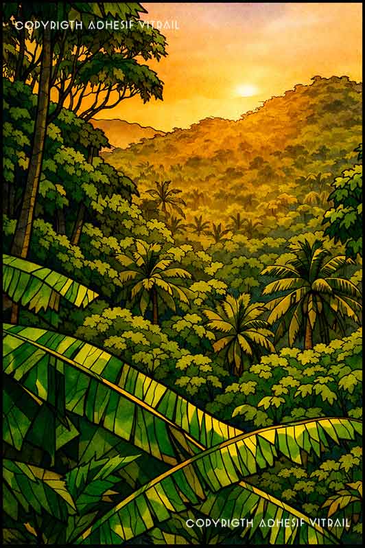 Film adhésif décoratif autocollant d’inspiration vitrail représentant une jungle tropicale avec palmiers au coucher du soleil.