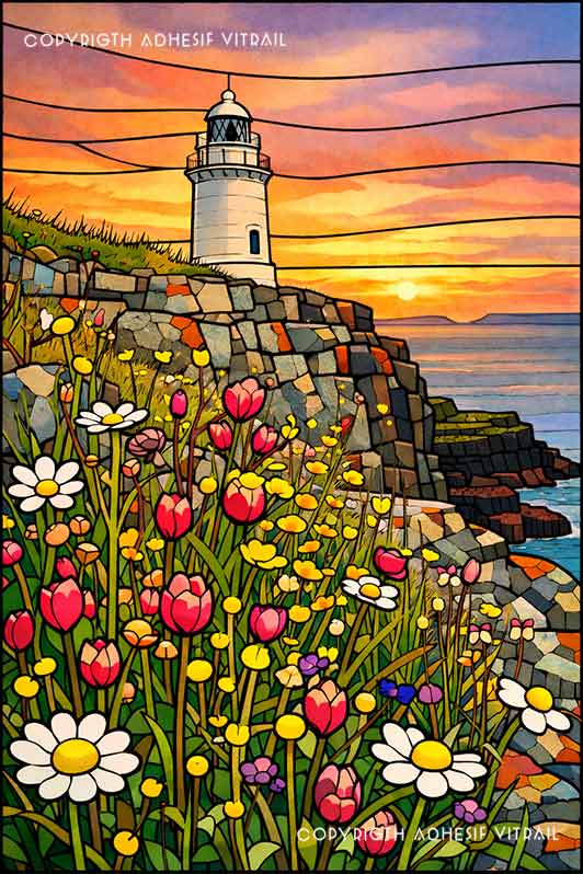 Film adhésif décoratif autocollant d’inspiration vitrail représentant un phare sur falaise avec fleurs sauvages face à la mer, décoration fenêtre lumineuse.