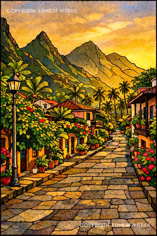 Film adhésif décoratif d’inspiration vitrail représentant une ruelle tropicale bordée de maisons colorées, fleurs exotiques et palmiers.