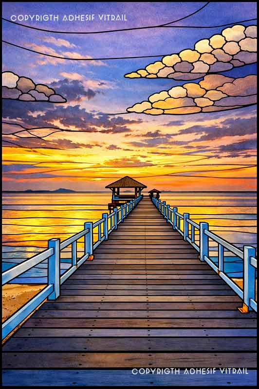 Film adhésif décoratif autocollant d’inspiration vitrail représentant un ponton en bois face à la mer au coucher du soleil.