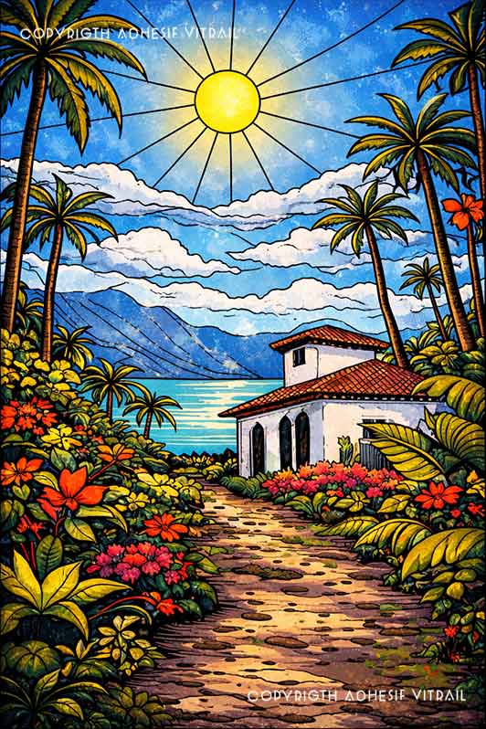 Adhésif vitrail montrant une maison tropicale entourée de fleurs et palmiers sous un ciel bleu