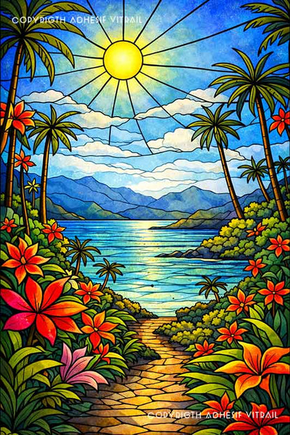 Adhésif vitrail représentant un sentier tropical fleuri menant à la mer avec palmiers et soleil