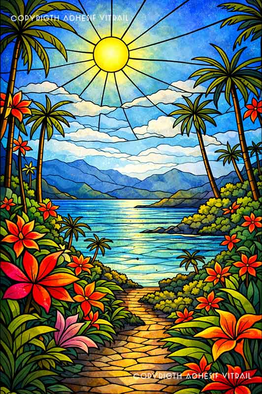 Adhésif vitrail représentant un sentier tropical fleuri menant à la mer avec palmiers et soleil