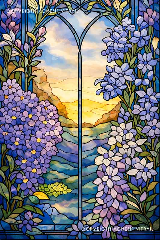 Film adhésif décoratif autocollant d’inspiration vitrail représentant une fenêtre fleurie avec hortensias violets et paysage lumineux au coucher du soleil, idéal pour fenêtre.