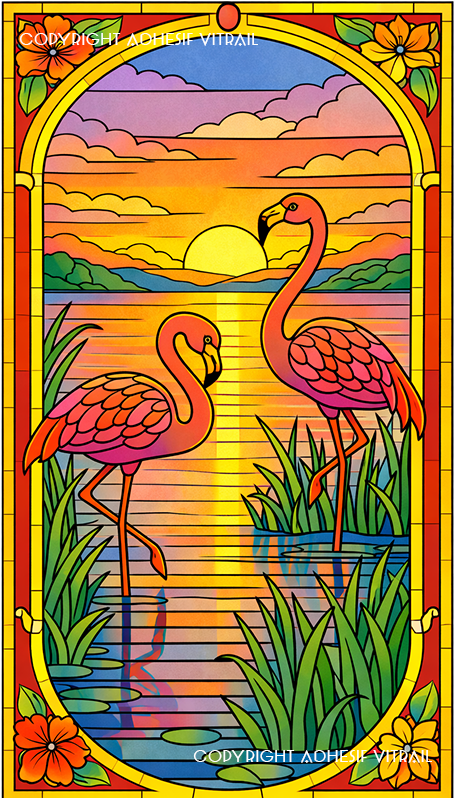 Film adhésif décoratif autocollant d’inspiration vitrail flamants roses coucher de soleil étang décoration fenêtre intimité lumineuse