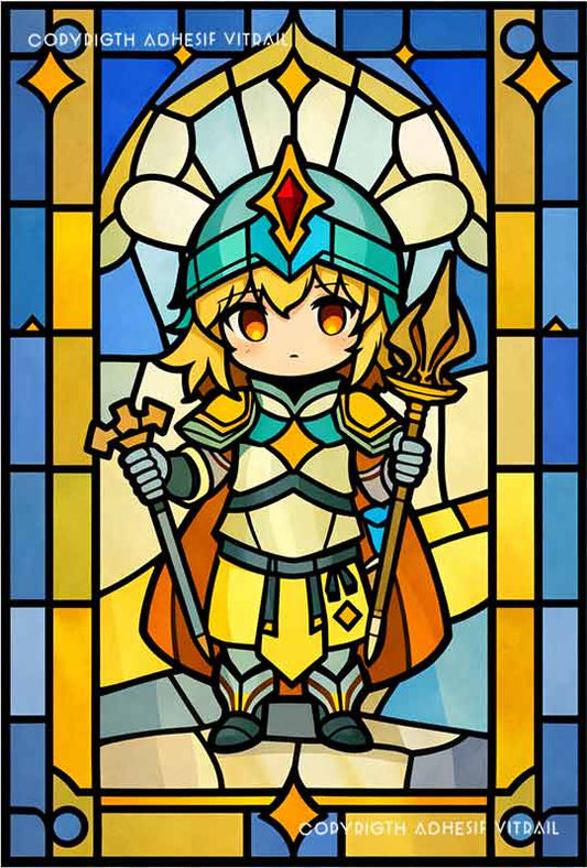 Film adhésif décoratif autocollant d’inspiration vitrail représentant un petit chevalier stylisé de type chibi tenant une arme, décor ludique et coloré pour vitrage.