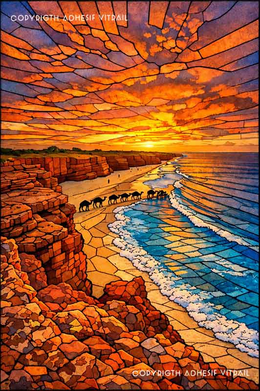 Film adhésif décoratif autocollant d’inspiration vitrail représentant un coucher de soleil sur la mer et une ligne de chameaux dans le désert, décor voyage pour vitrage.