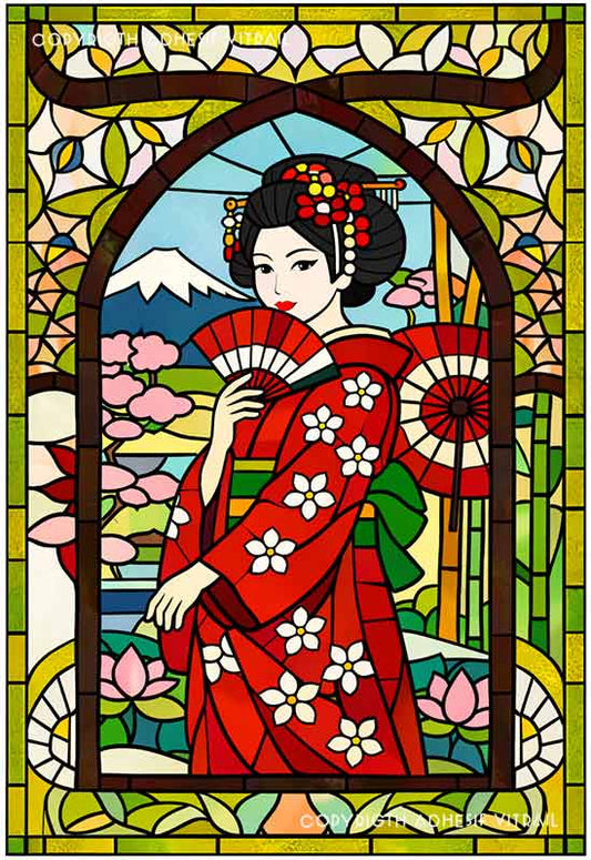 Film adhésif décoratif autocollant d’inspiration vitrail représentant une femme japonaise en kimono rouge tenant un éventail, décor asiatique raffiné pour vitrage.