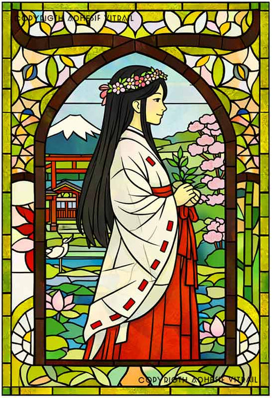 Film adhésif décoratif autocollant d’inspiration vitrail représentant une femme japonaise de profil en kimono, tenant une branche fleurie devant un temple et le mont Fuji, décor asiatique pour vitrage.
