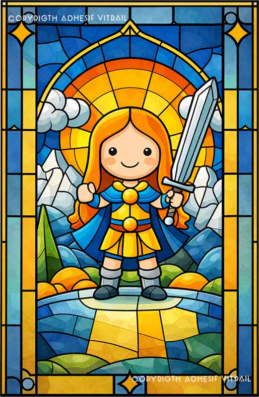 Film adhésif décoratif autocollant d’inspiration vitrail représentant une héroïne enfant de style chibi tenant une épée devant un paysage de montagne, décor ludique pour vitrage.