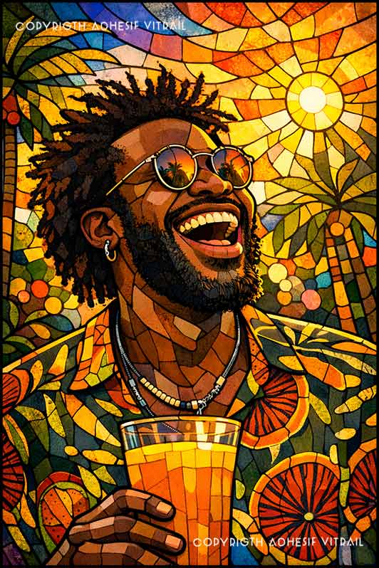 Film adhésif décoratif autocollant d’inspiration vitrail représentant un homme souriant sous un soleil tropical avec palmiers et motifs colorés, décor lumineux pour vitrage.