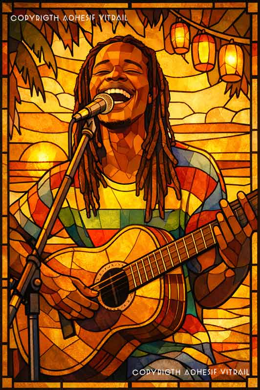 Film adhésif décoratif autocollant d’inspiration vitrail représentant un musicien aux dreadlocks chantant et jouant de la guitare sous des lanternes, décor tropical chaleureux pour vitrage.